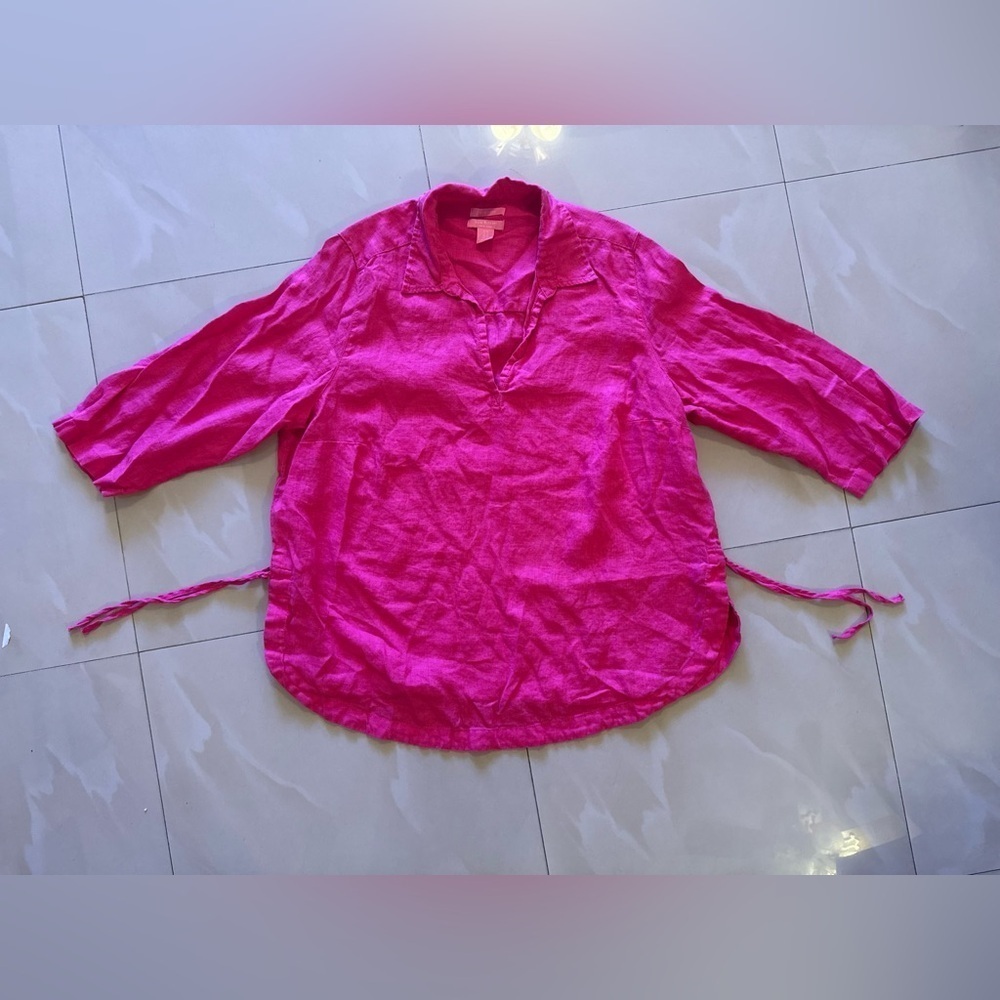 Linen! Ladies Isaac Mizrahi Pink Berry Linen Top-Size 1X tie - Picture 15 of 16
